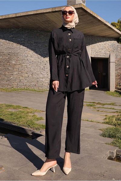 TRENDTESETTÜR Women's Black Waist Tightened Pants Suit t 9884