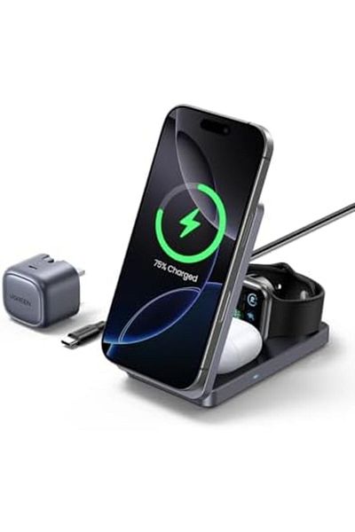 Ugreen MagFlow Qi2 15W Wireless Charger, 3 in 1 Fast Charging Qi2 Certified Charger Stand, Foldable