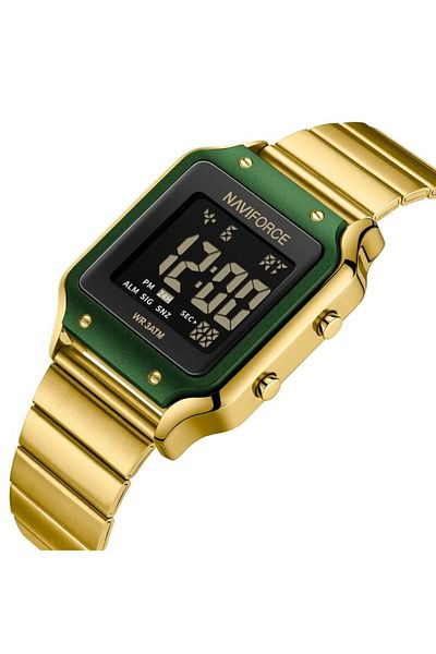 Naviforce Green Gold Digital Watch for Men and Women Stylish Square Stainless Steel Wristwatch