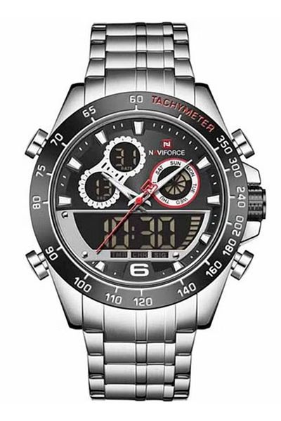 Naviforce Men's Analog Digital Sports Watch Silver Stainless Steel Band Chronograph with Dual Display