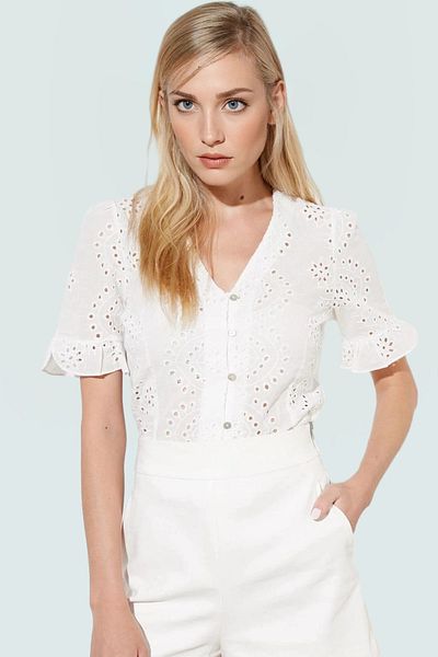 PayBuy Embroidered V-Neck Short Sleeve Cotton Blouse Casual Chic Premium Quality High Perfect Fit
