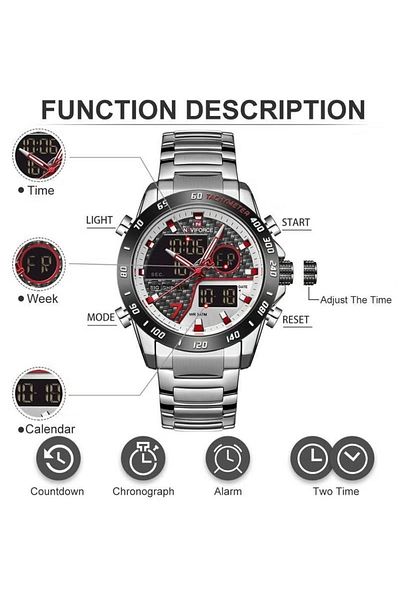 Naviforce Men's Analog Digital Sports Watch Silver Stainless Steel Band Chronograph with Dual Display