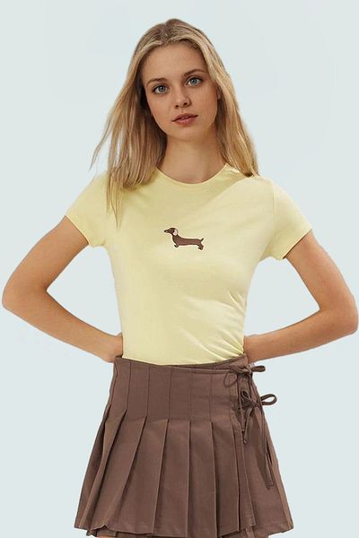 PayBuy Women's Fitted Viscose Rib Blouse with Dog Embroidery Detail for Summer Casual Use