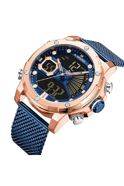 Naviforce Mens Digital Watches Stainless Steel Mesh Band Sport Waterproof Watch with Alarm Military Dual Time