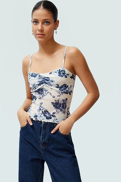 PayBuy Crop Blouse Floral Pattern Thin Strap Knitted Polyester Summer Modern Style Comfortable Use