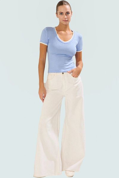 PayBuy Women's V-Neck Short Sleeve Fitted Viscose Ribbed Blouse Daily Use Comfortable Cut Comfortable and Stylish