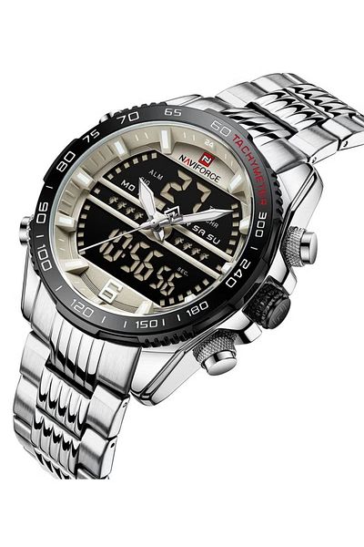 Naviforce Mens Dual Display Sport Watch Stainless Steel Band Analog Digital Quartz Movement Water Resistant