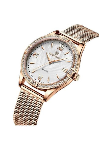 Naviforce Elegant and Luxurious Stainless Steel Mesh Strap Analog Wrist Watch with Crystal Bezel and Classic