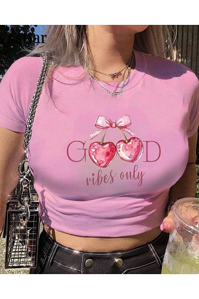 Touz Moda Μπλούζα με στάμπα με λουράκι Baby Tee Good Vibes Only