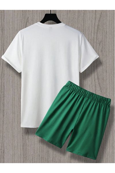LEONE KOLEKSİYON Green _White Sculpture Printed Short Sleeve T-Shirt and Shorts Two-Piece Set