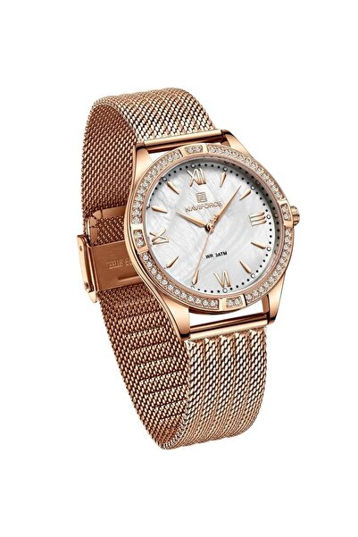 Naviforce Elegant and Luxurious Stainless Steel Mesh Strap Analog Wrist Watch with Crystal Bezel and Classic