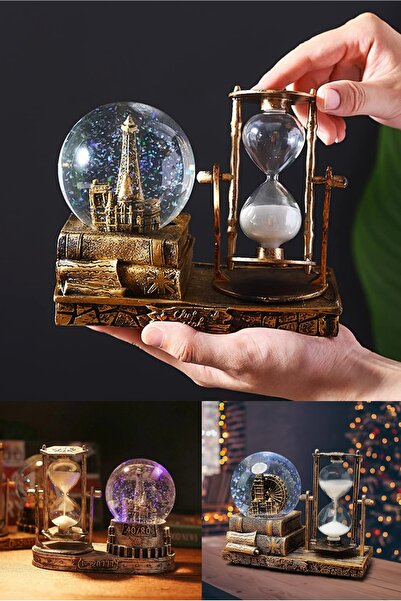 Wolawood Özel Seri Işıklı Sulu Kar Küresi & Kum Saati Biblo İkili Bitişik Takım Efektli Masaüstü Hediyelik