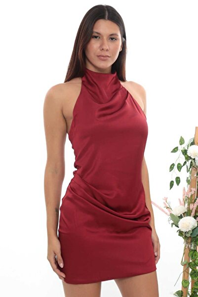 hilaltrendd Halter yaka asetat saten mini elbise