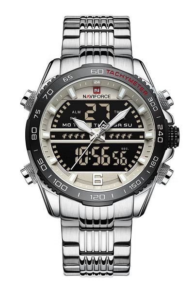 Naviforce Mens Dual Display Sport Watch Stainless Steel Band Analog Digital Quartz Movement Water Resistant