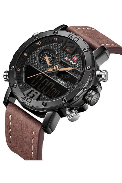 Naviforce Mens Black Dial Brown Leather Strap Watch Analog Digital Quartz Waterproof Chronograph