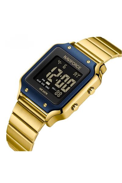 Naviforce Gold Blue Digital Watch for Men and Women Stylish Square Stainless Steel Wristwatch with