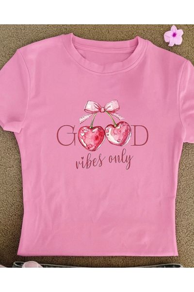 Touz Moda Μπλούζα με στάμπα με λουράκι Baby Tee Good Vibes Only