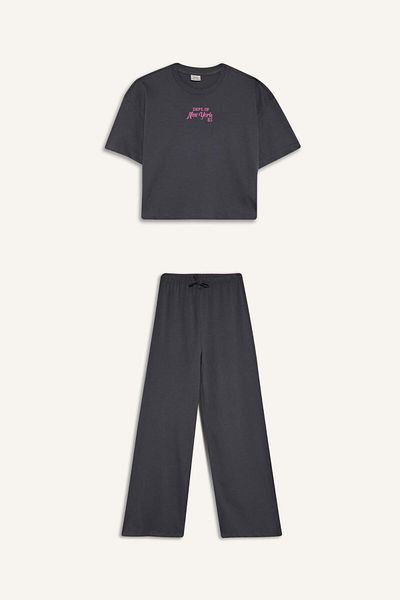 DeFacto Girls' 2-Piece Set Short Sleeve Printed T-Shirt Flexible Waisted Long Bottom F5035A825Au