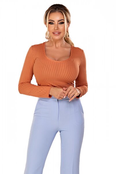 Atmosphere Fashion Bluză casual de culoare camel cu mâneci lungi