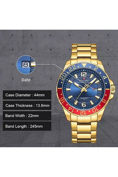 Naviforce Mens Sport Watch Gold Stainless Steel Band Analog Quartz Movement Rotating Bezel Water Resistant