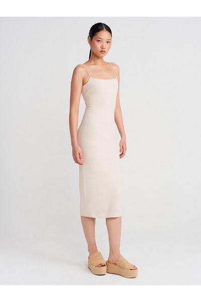 Dilvin 91495 Strap Midi Dress-Light Beige
