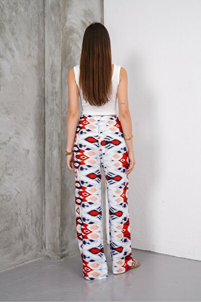 SheLoria Women's Red Blue Ethnic Patterned Lacing Detail Elastic Waist Relaxed Cut Palazzo Viscose Trousers