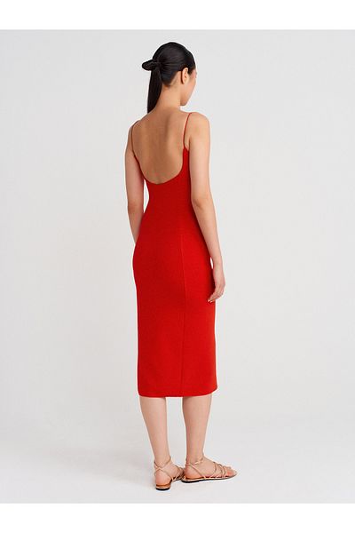 Dilvin 91495 Strap Midi Dress-Red