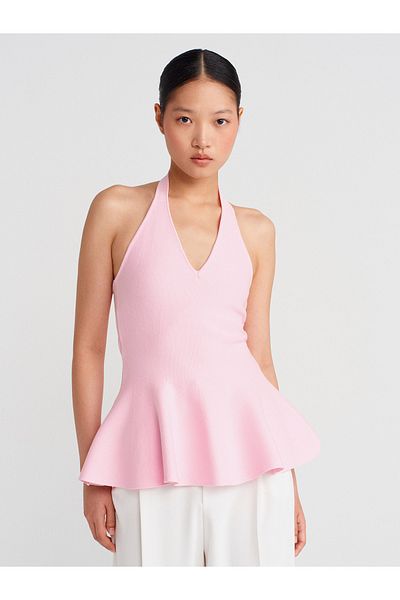 Dilvin 10785 Halter V Neck Peplum Knitwear Blouse-Pink