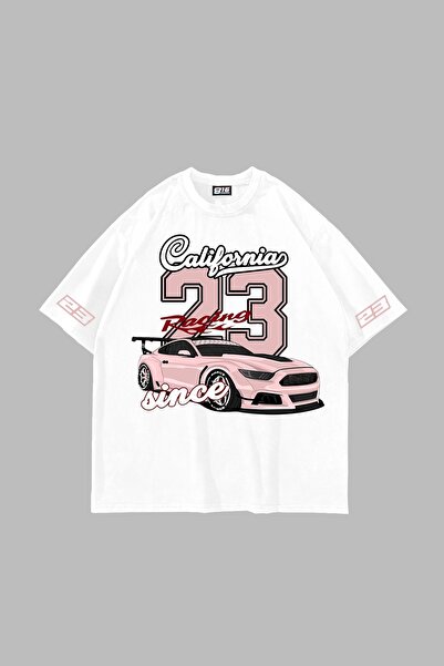 Bak Moda Tricou alb unisex oversize cu imprimeu California Racing