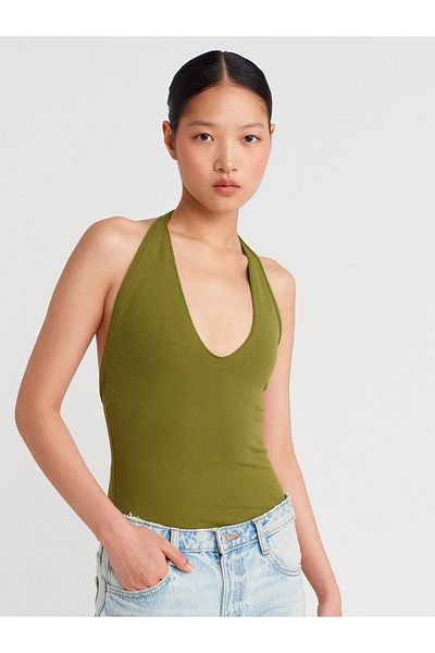 Dilvin 31971 Halter Neck Top-Fat Green