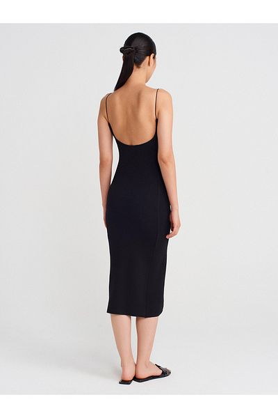 Dilvin 91495 Strap Midi Dress-Black