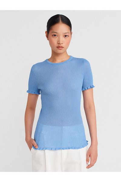 Dilvin 10783 Crew Neck Ruffled Slim Knitwear Blouse-Blue