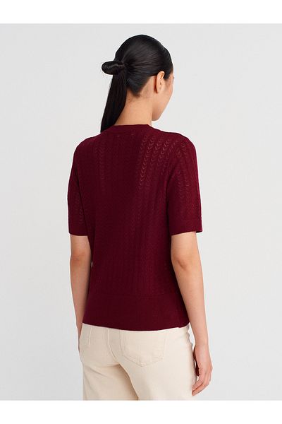 Dilvin 60974 Crew Neck Openwork Buttoned Knitwear Cardigan-Claret Red