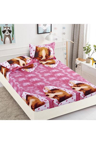 FIONNA.RO Elasticated Duvet Cover and Pillowcases Made of Finet 180x200cm - Pink with Puppies