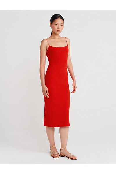 Dilvin 91495 Strap Midi Dress-Red