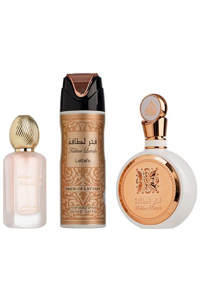 lattafa Gift Set Fakhar Woman Eau De Parfum 100 ml Hair Perfume, 50 ml Deo Spray, 200 ml