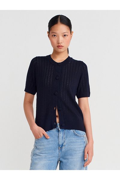 Dilvin 60974 Crew Neck Openwork Buttoned Knitwear Cardigan-Navy Blue