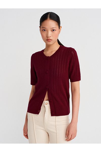 Dilvin 60974 Crew Neck Openwork Buttoned Knitwear Cardigan-Claret Red