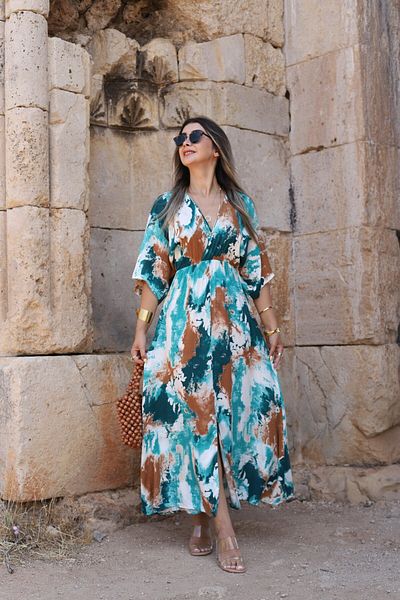 bytugcekaya Green Coffee Spray Bat Sleeve Slit Detail Dress