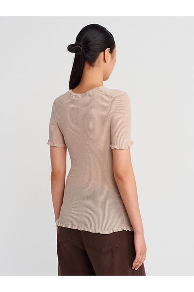 Dilvin 10783 Crew Neck Ruffled Thin Knitwear Blouse-Beige