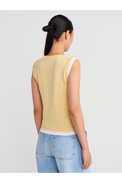 Dilvin 10784 Crew Neck Couple Look Knitwear Blouse-Yellow-White