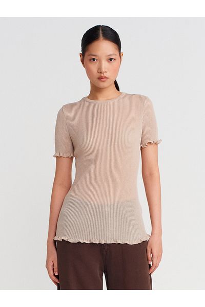 Dilvin 10783 Crew Neck Ruffled Thin Knitwear Blouse-Beige