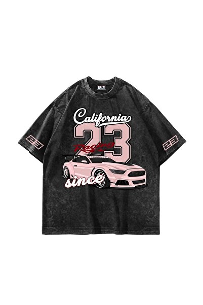 Bak Moda Tricou negru lavabil unisex oversize cu imprimeu California Racing