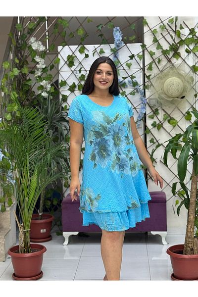 Punta Otantik Nc50121 Italian Short Sleeve Cotton Linen Dress Turquoise