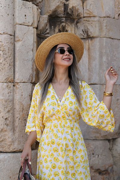 bytugcekaya Yellow Floral Pattern Bat Sleeve Slit Detail Dress