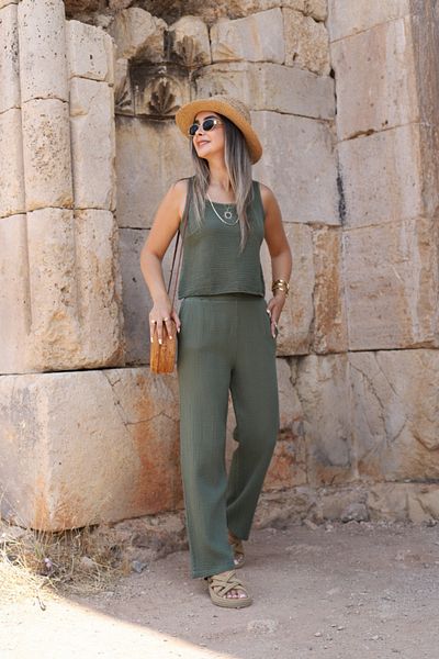 bytugcekaya Khaki Muslin Elastic Waist Trousers