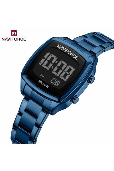 Naviforce Stylish Womens Digital Watch with Black Display Blue Stainless Steel Strap LED Screen