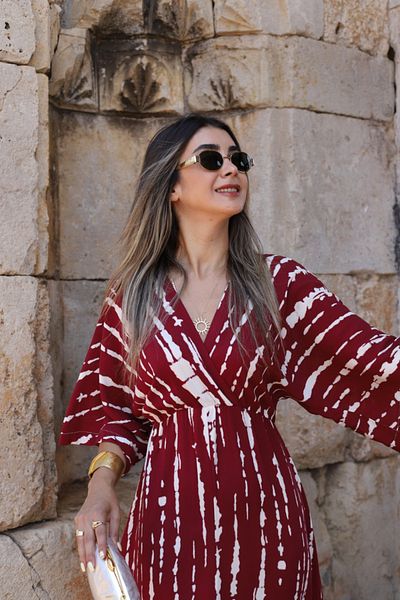 bytugcekaya Burgundy Beige Striped Pattern Bat Sleeve Slit Detail Dress