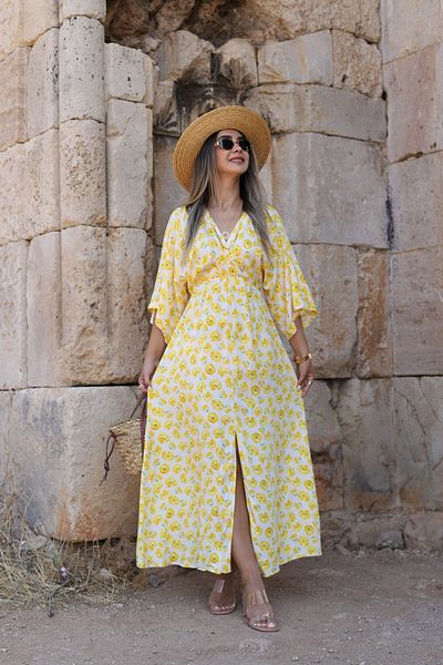 bytugcekaya Yellow Floral Pattern Bat Sleeve Slit Detail Dress