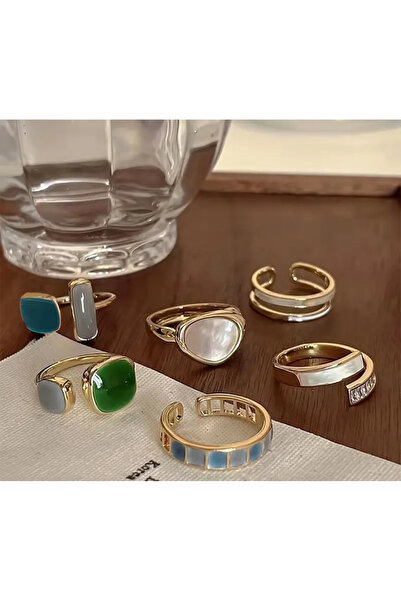 La Saade Women's Gold Color Ring Set Design and Green Enamel 6 Pieces